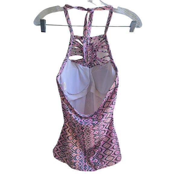 Island Escape Tankini Top Size‎ 8 Halter Padded Pink Geometric Pattern Woven - Picture 2 of 7